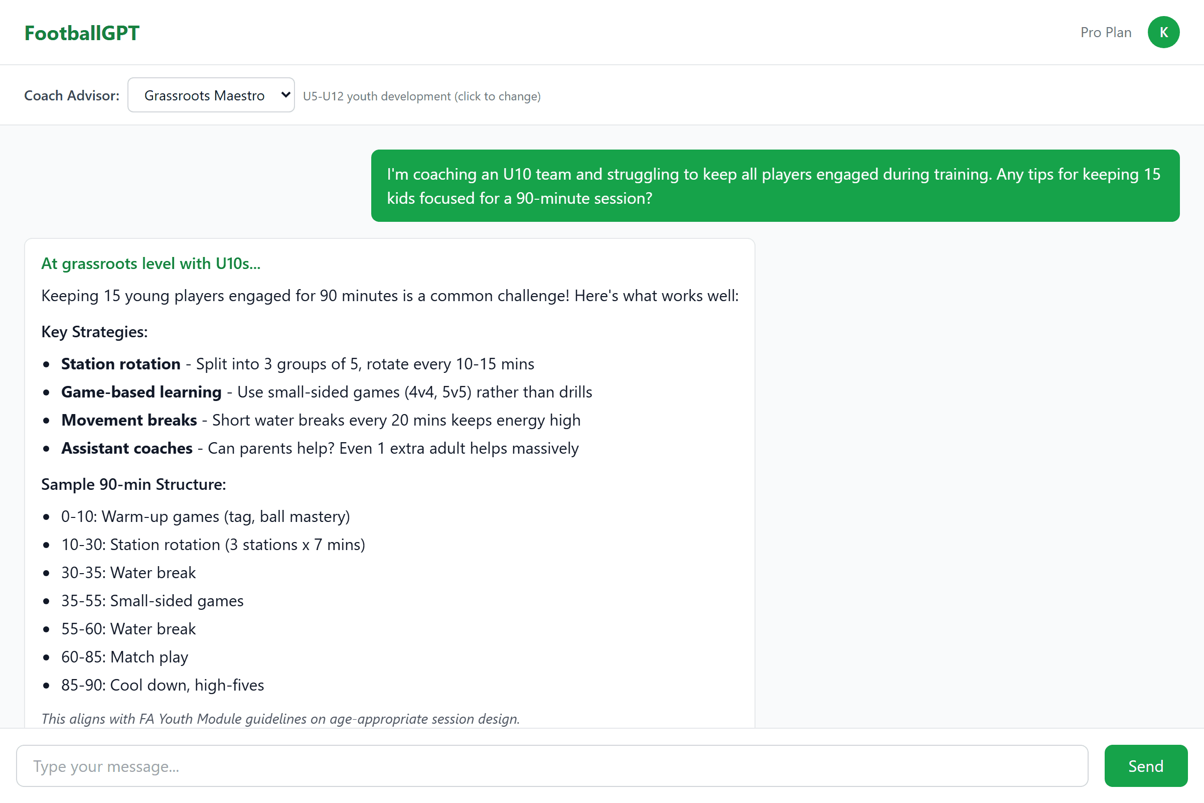 FootballGPT chat interface showing a coaching conversation about U10 training sessions