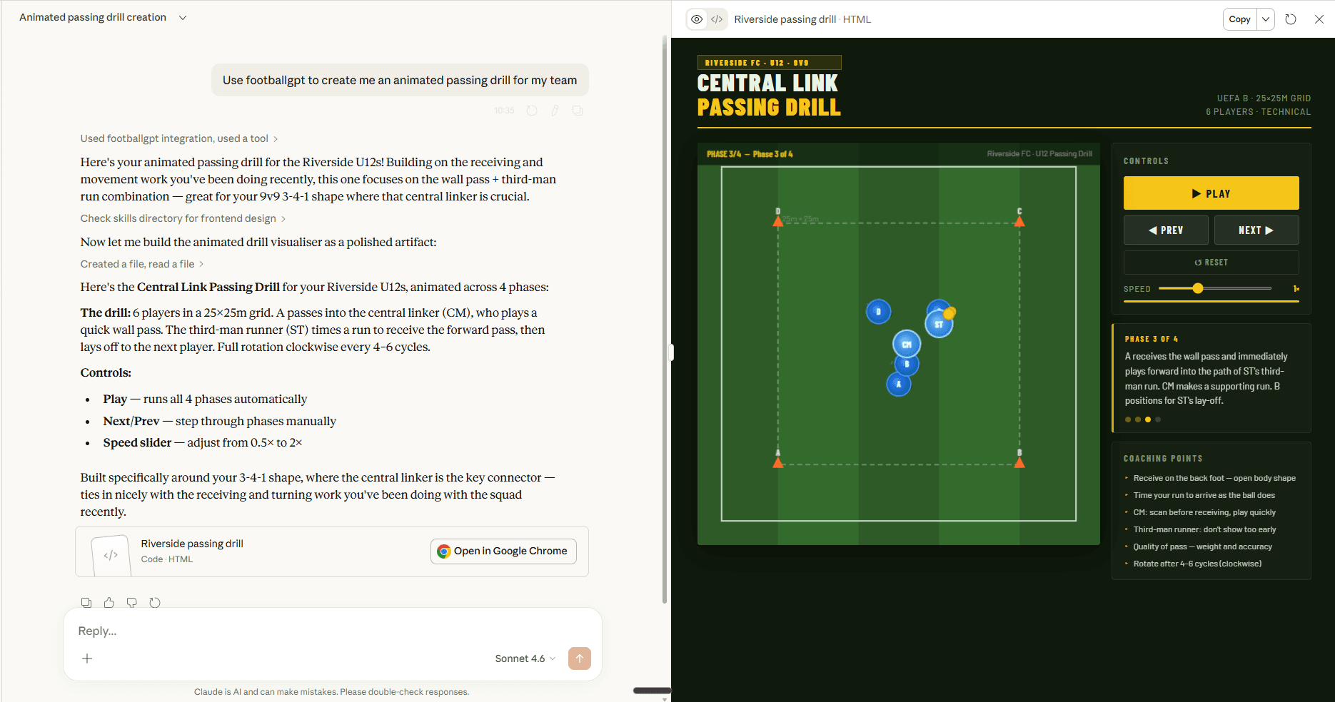FootballGPT running inside Claude Desktop — animated passing drill created for Riverside FC U12s with player movements and coaching points